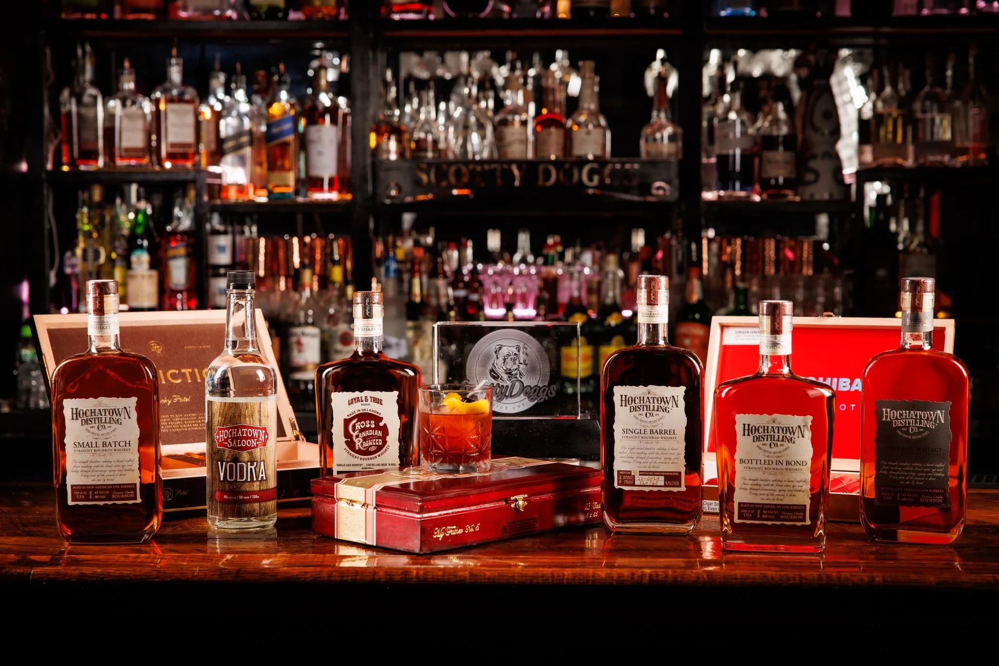 Back bar shelf with the Scotty Doggs sign